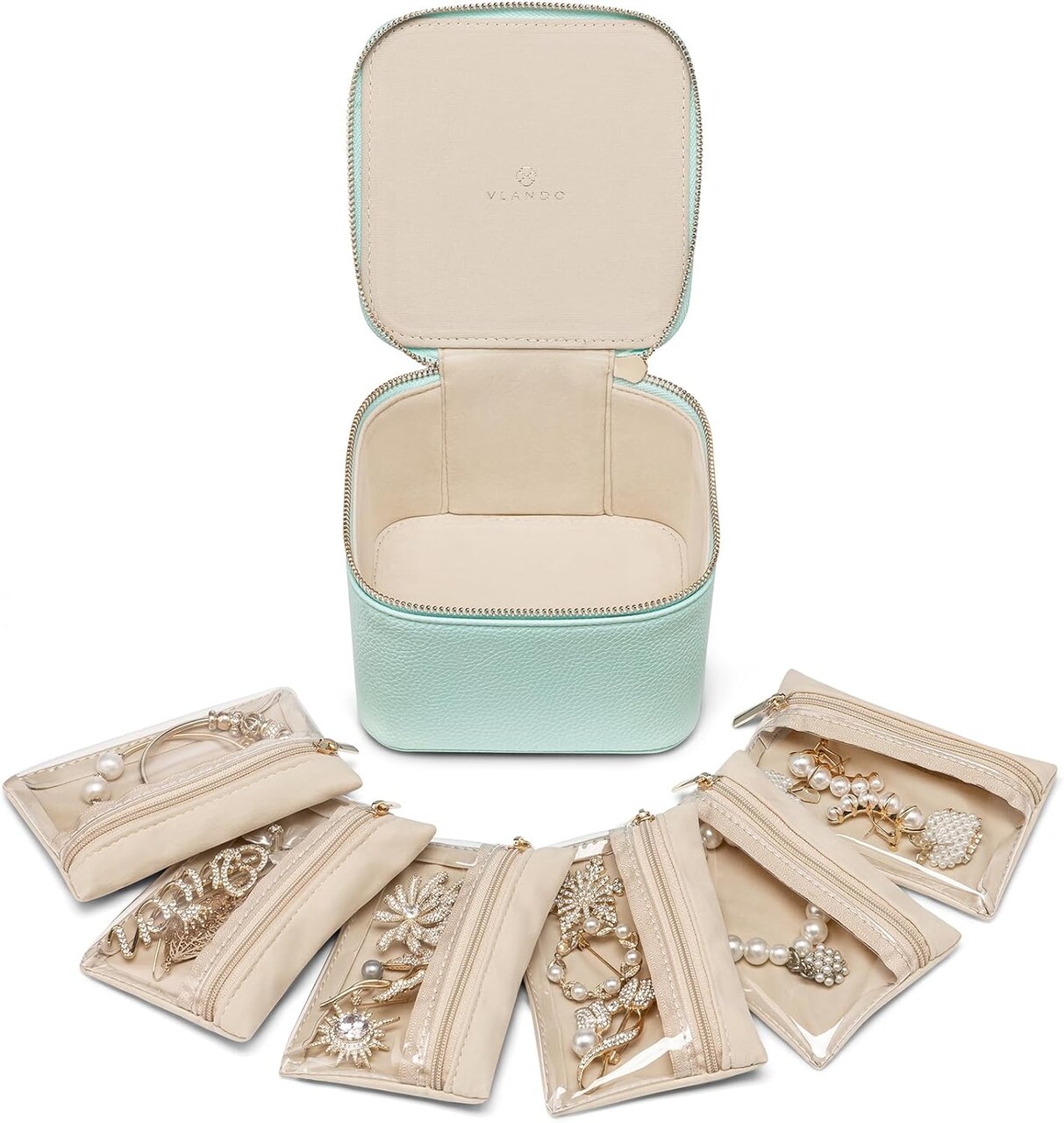 Travel Jewelry Storage Box for Women Faux Leather Jewelry Box with 6 Velvet Jewelry Zipper Pockets Earrings Necklace Rings Storage Boxes Christmas Gift for Mom Wife(Lake Blue)